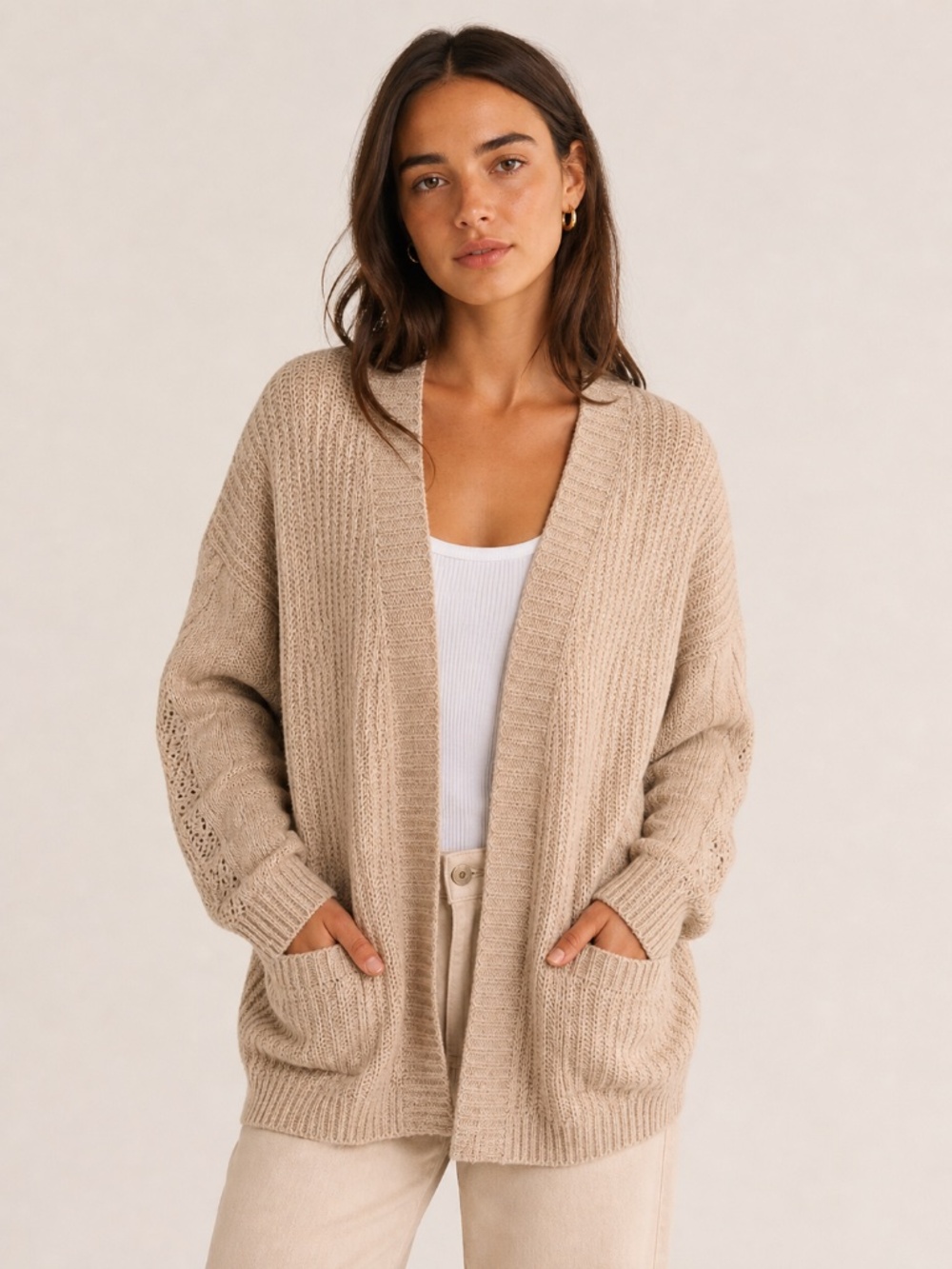 Debut Oversized Chunky Knit Open Front Cardigan in Beige, Size M